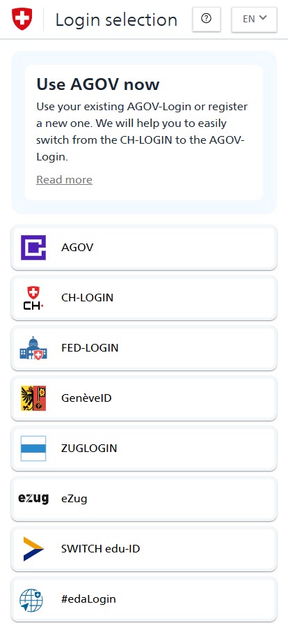 Mobile view of the login method selection