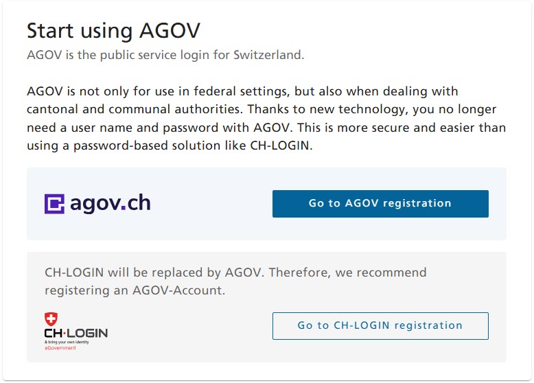 Illustration with information about registering for an AGOV login instead of a CH-LOGIN.